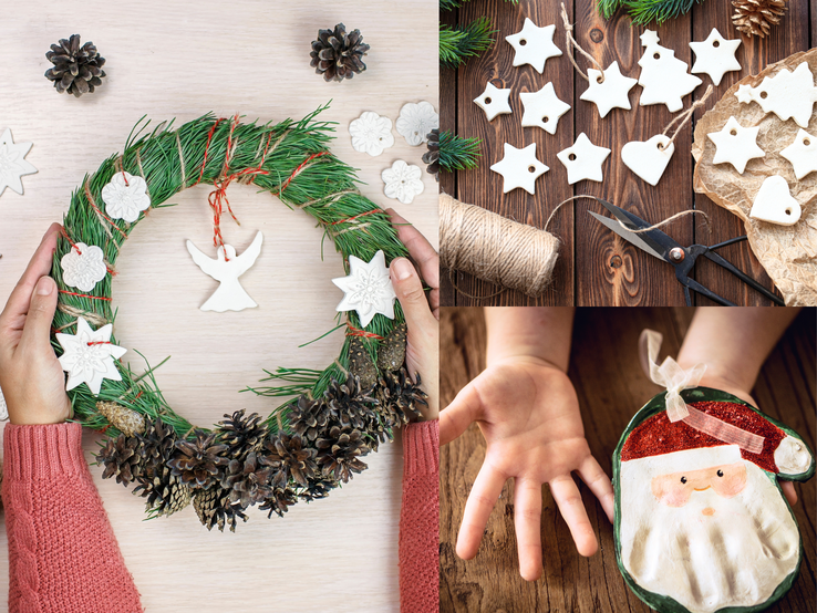 Basteln mit Salzteig  Kinderhände basteln Weihnachtsdeko aus Salzteig: Ein Adventskranz, Anhänger in Sternform und ein bemalter Weihnachtsmann liegen bereit.