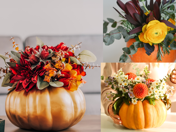 Kürbis Vase Blumentopf  Herbstliche Blumenarrangements in drei Kürbissen mit roten, gelben und weißen Blüten auf hellem Tisch und vor neutralem Hintergrund.