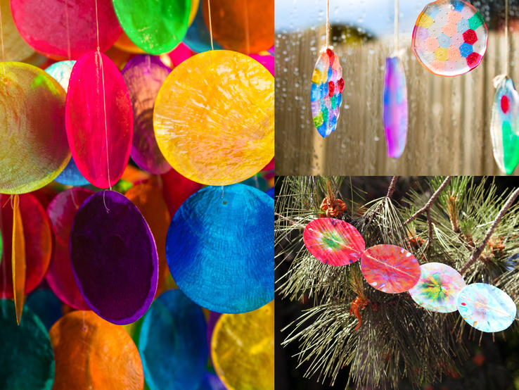 Basteln mit Gelatine  Bunte, durchscheinende Sonnenfänger aus Gelatine hängen in verschiedenen Farben an Zweigen, Fenstern und Schnüren.