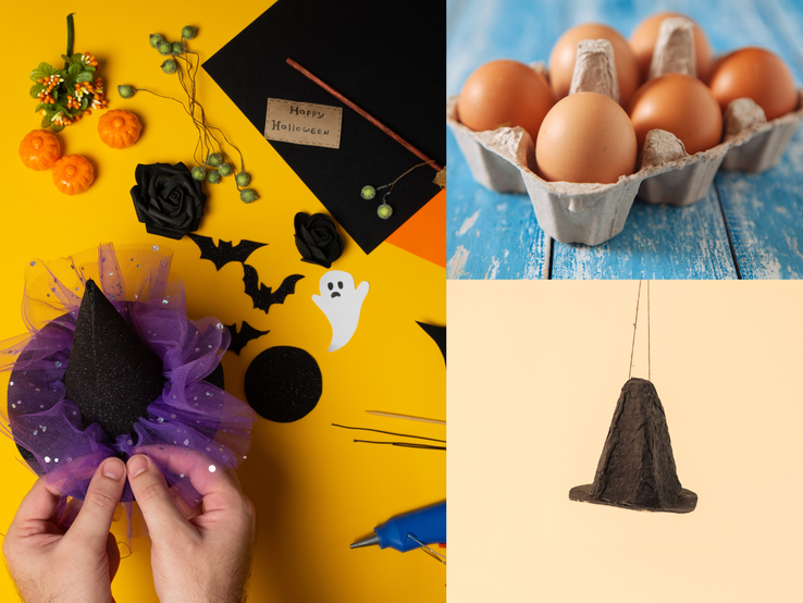 Hexenhut basteln Eierkarton  Bastelset für Halloween mit Hexenhut, braune Eier in Pappe und selbstgemachter schwarzer Hut aus Eierkarton vor beigem Hintergrund.