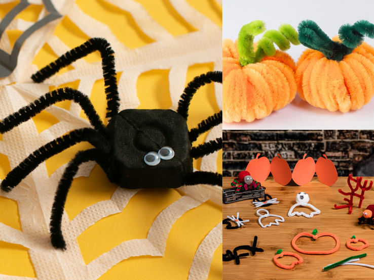Basteln mit Pfeifenreiniger Herbstdeko  Gebastelte Spinne, Kürbisse und Halloween-Figuren aus Pfeifenreinigern liegen dekorativ auf gelbem Papier und Holzuntergrund.
