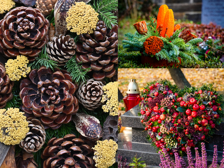 Grabgesteck basteln Herbstliche Grabgestecke mit Zapfen, Beeren und Tannengrün zum Totensonntag schmücken ein Grab mit Herzkranz und roter Grablaterne.