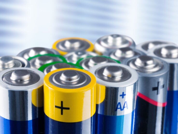 Nahaufnahme mehrerer AA-Batterien in verschiedenen Farben und Marken, aufrecht stehend vor verschwommenem Hintergrund.