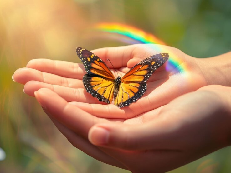 Nahaufnahme eines orange-schwarzen Schmetterlings auf einer Hand, im warmen Licht mit Regenbogen.