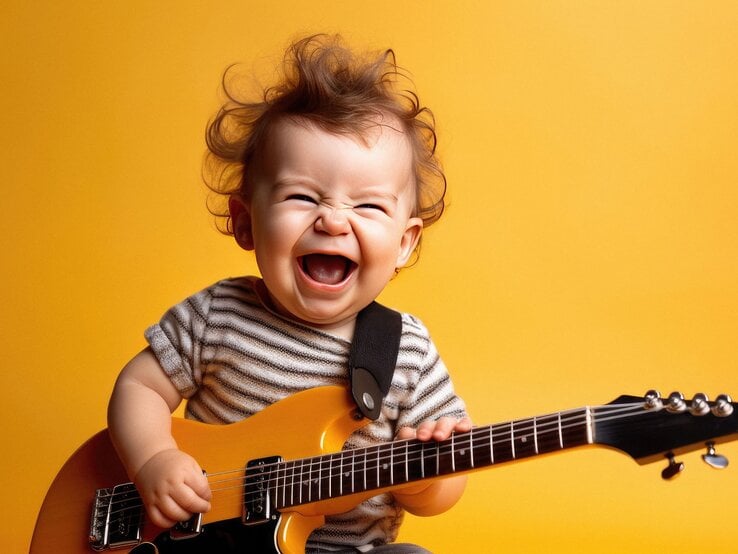 Ein lachendes Baby mit lockigem Haar spielt auf einer gelben E-Gitarre vor einem leuchtend gelben Hintergrund.