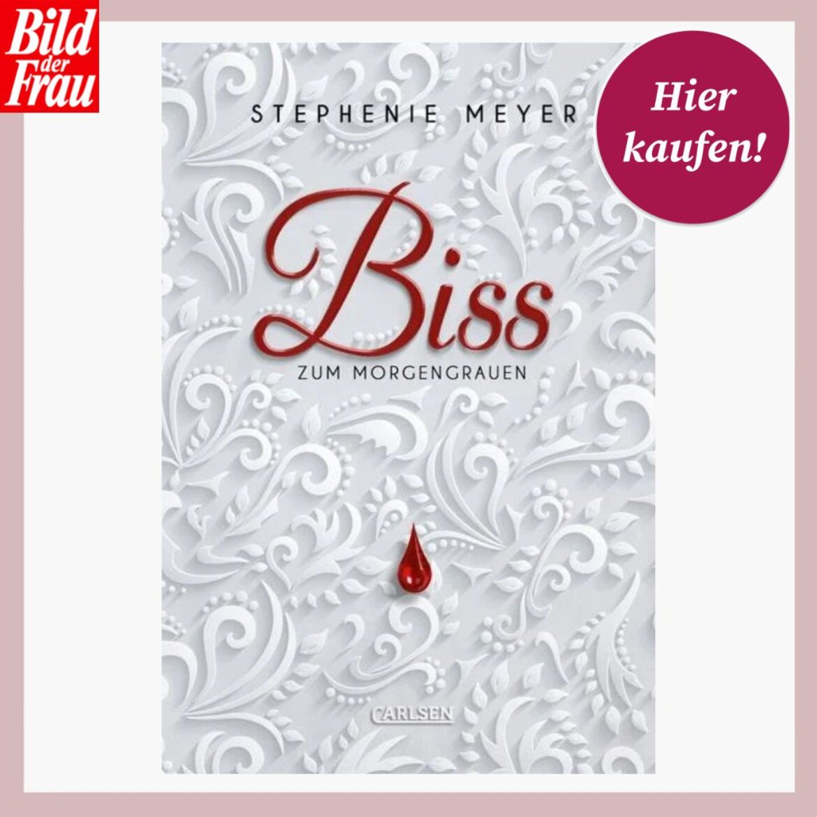 Das Cover von „Biss zum Morgengrauen“ zeigt ein weißes, ornamentales Muster mit einer roten Blutstropfen-Grafik in der Mitte. | © Thalia