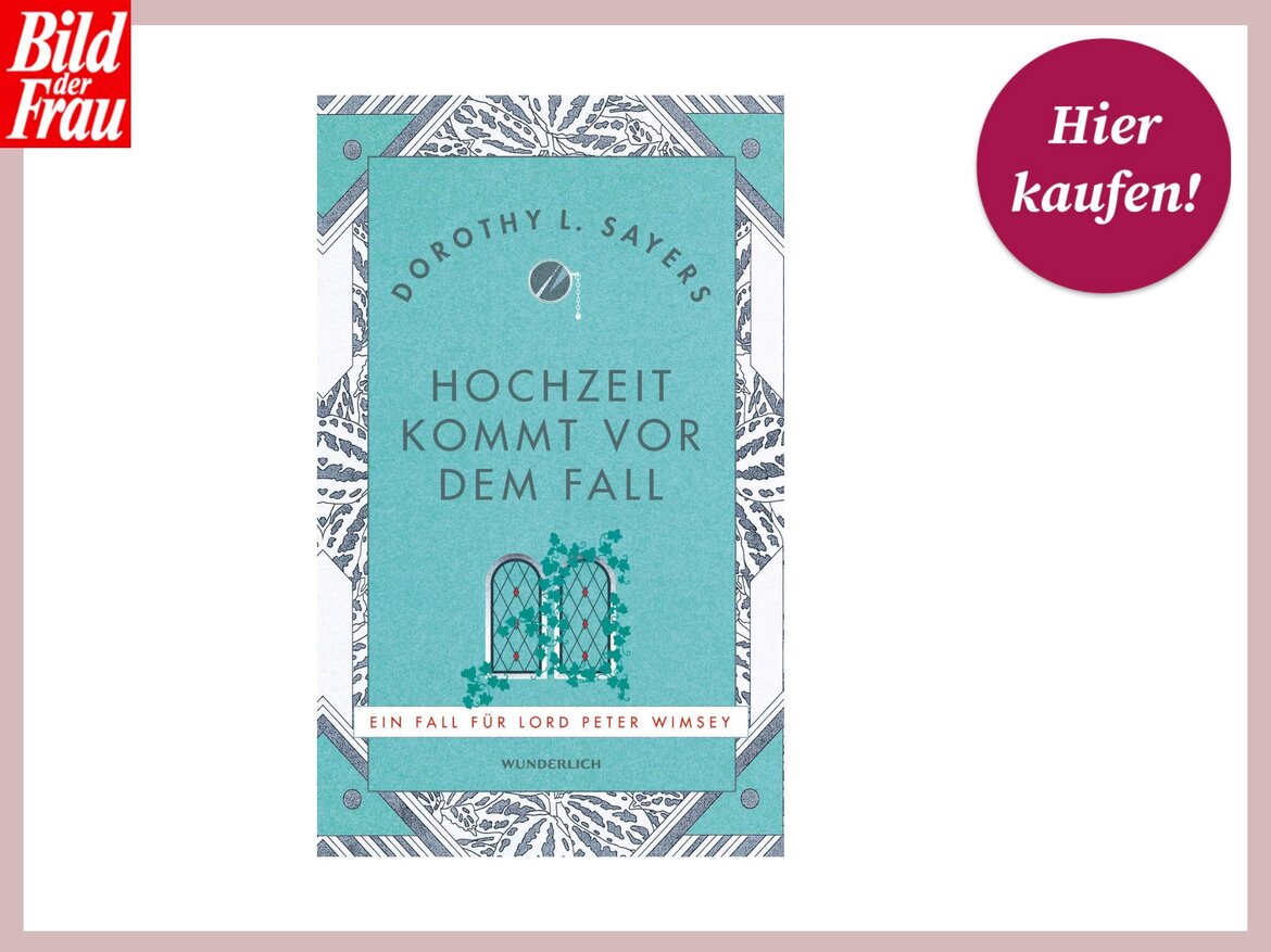 Buchcover von "Hochzeit kommt vor dem Fall" mit einem dekorativen Fenster und Ornamenten in Pastelltönen, Schriftzug "Hier kaufen". | © Thalia