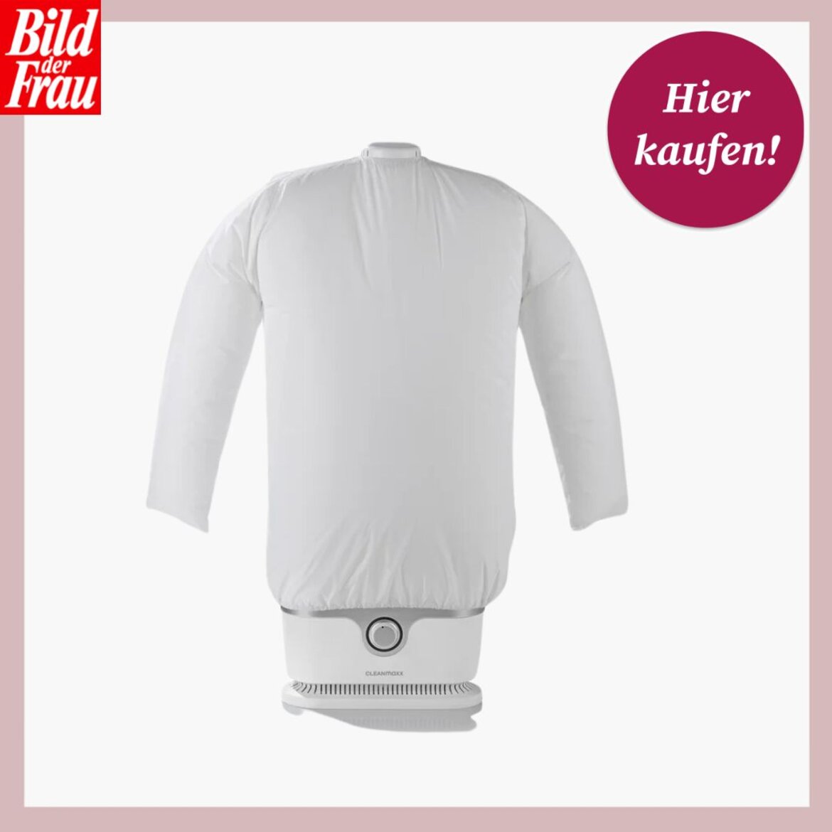 Weißer Hemdenbügler mit aufgeblasenen Ärmeln und Rundhals, auf einem weißen Hintergrund mit rot-weißem „Hier kaufen!“-Button. | © Lidl 