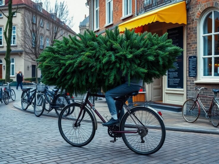 Eine Person transportiert einen großen Tannenbaum auf einem schwarzen Fahrrad durch eine gepflasterte Stadtstraße mit Backsteinfassaden.