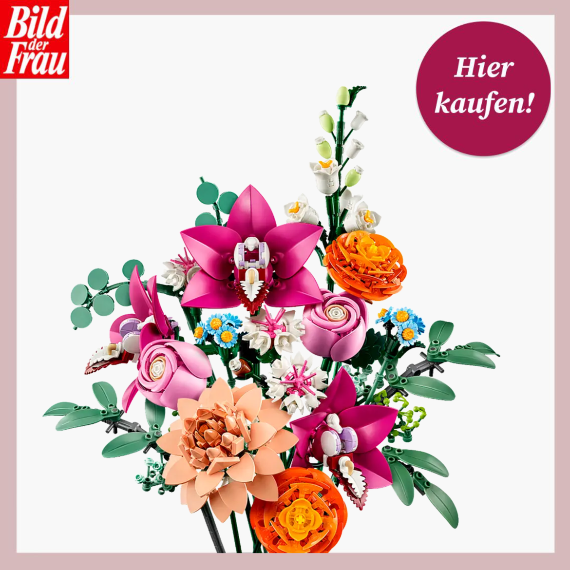 Ein kunstvoller Strauß aus bunten LEGO Botanicals Blumen mit detailreichen Orchideen, Rosen und Blättern auf weißem Hintergrund. | © LEGO