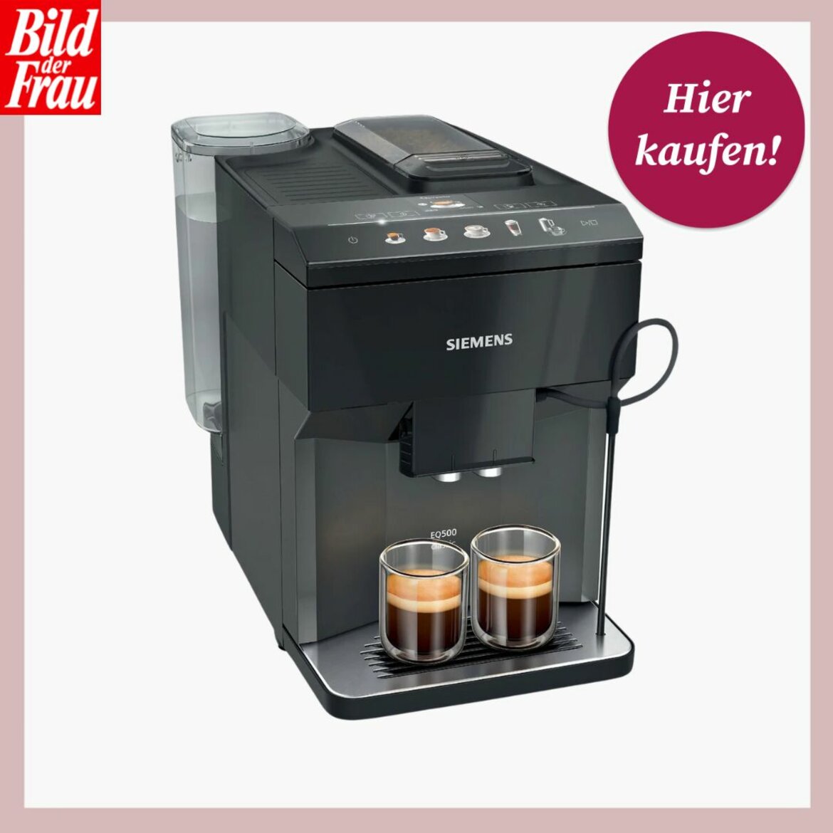 Moderne Siemens-Kaffeemaschine in Schwarz mit zwei gefüllten Espressogläsern und Bedienfeld mit Symbolen. | © Lidl