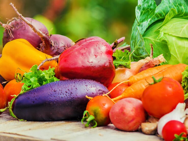 Saisonkalender Juli zeigt heimisches Gemüse wie Paprika, Aubergine, Tomaten, Salat, Karotten und Zwiebeln.