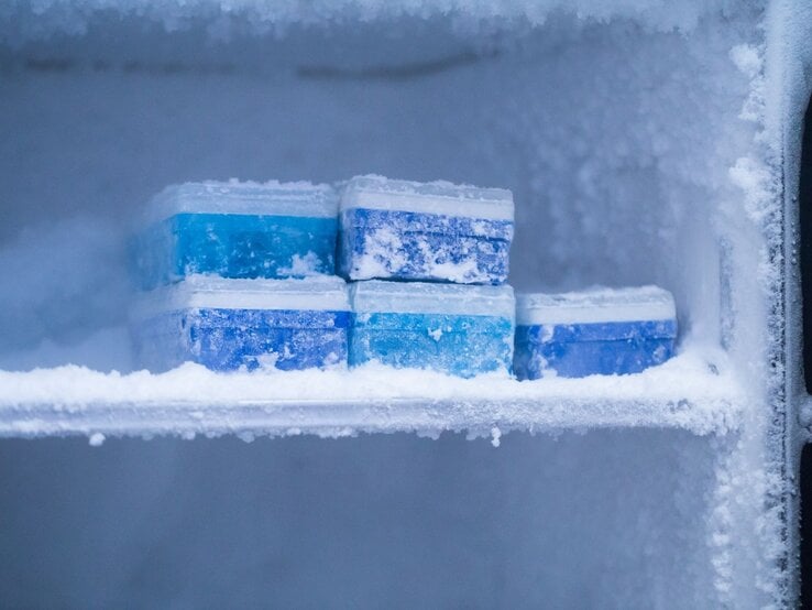 Im frostigen Inneren eines Gefrierschranks liegen übereinander gestapelte, vereiste blaue Kühlakkus.