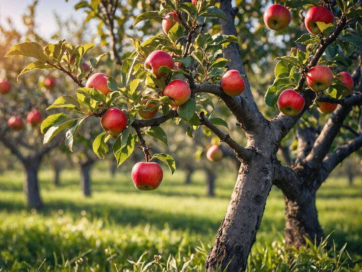 Reife rote Äpfel hängen im Morgenlicht an Apfelbäumen in einem grünen Obstgarten.