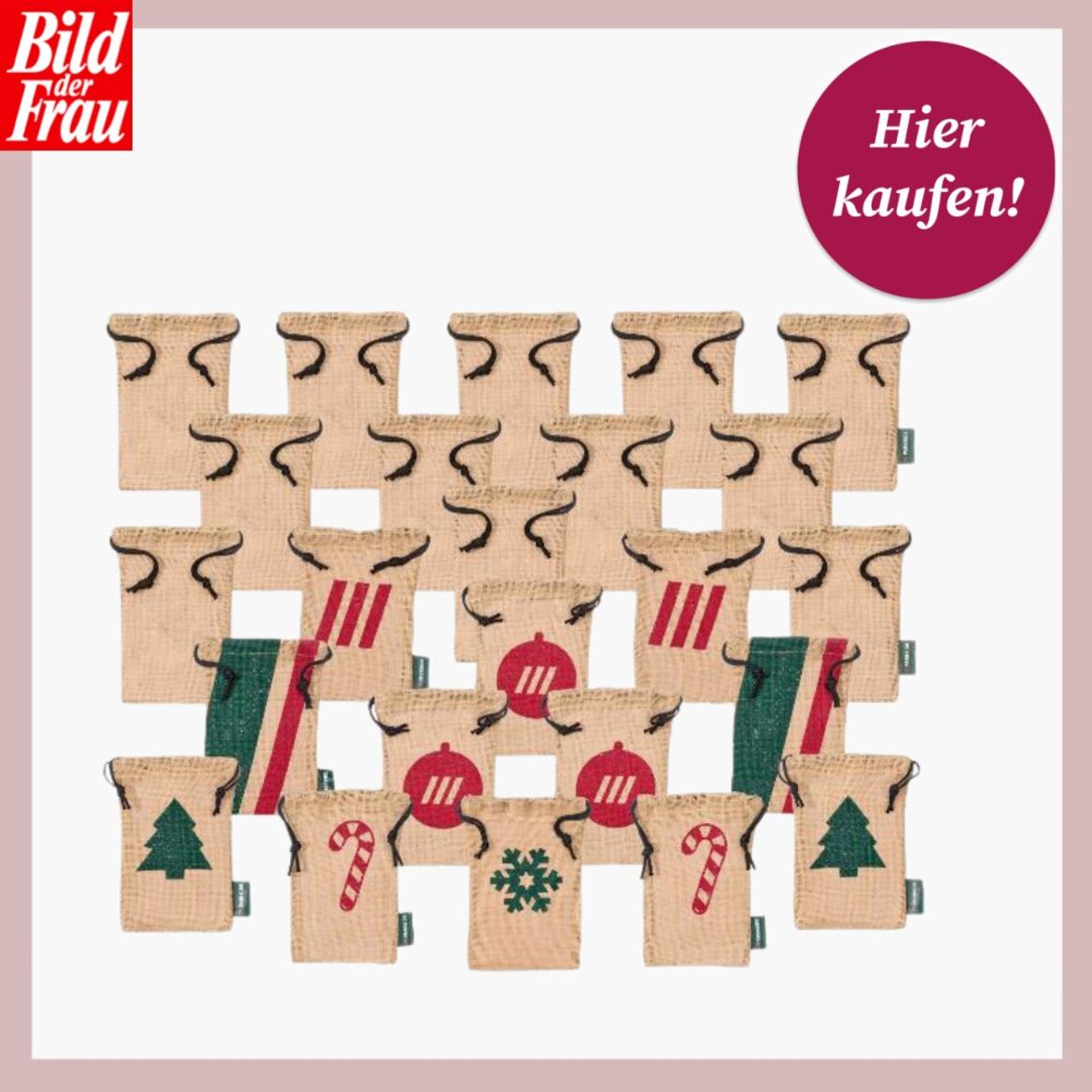 Beige Jutebeutel um Rosmarin zu überwintern mit roten und grünen weihnachtlichen Symbolen wie Tannenbäumen, Schneeflocken und Zuckerstangen. | © Lidl 