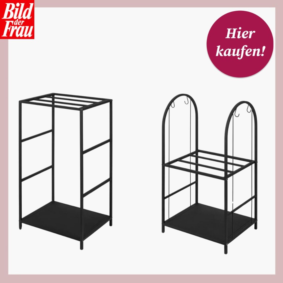 Zwei schwarze, minimalistische Kaminholzregale aus Metall, eines mit rechteckigem, das andere mit gebogenem Rahmen, vor weißem Hintergrund. | © Lidl 