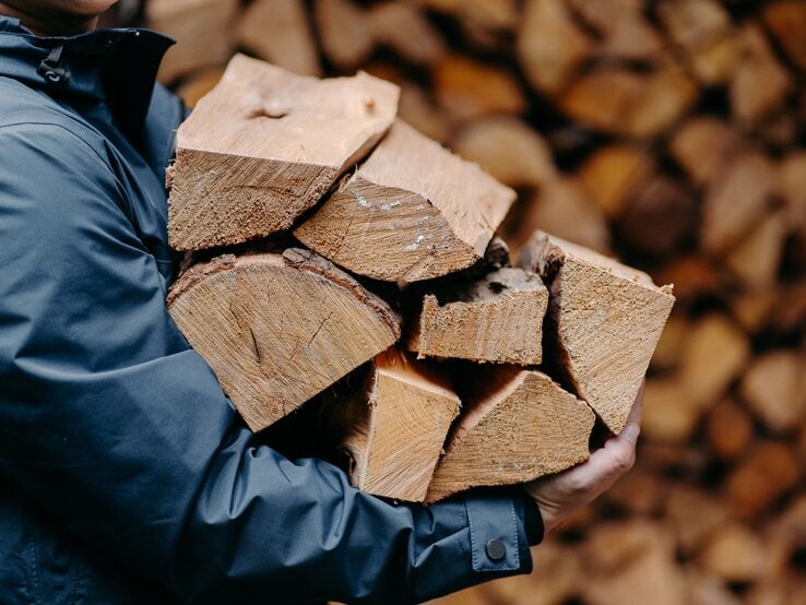 Eine Person in blauer Jacke trägt mehrere grob gespaltene Holzscheite vor einem Stapel Holz im Hintergrund.