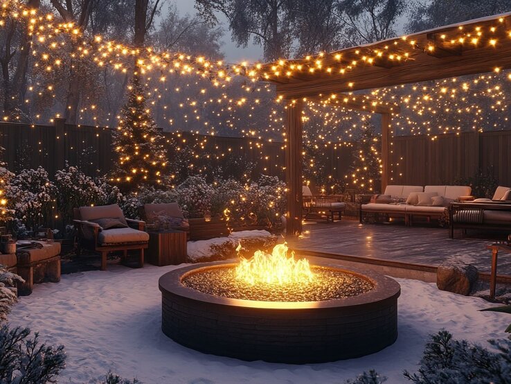 Ein schneebedeckter Garten mit brennender Feuerschale, umgeben von gemütlichen Sitzmöbeln und funkelnden Lichterketten. | © Adobe Stock/Viacheslav