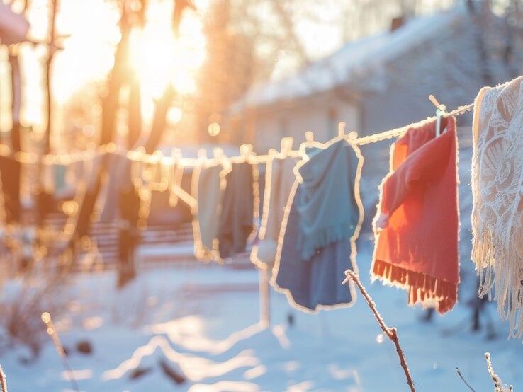 Bunte Schals und Tücher hängen an einer Wäscheleine in einer verschneiten Winterlandschaft, beleuchtet von goldenem Sonnenlicht.