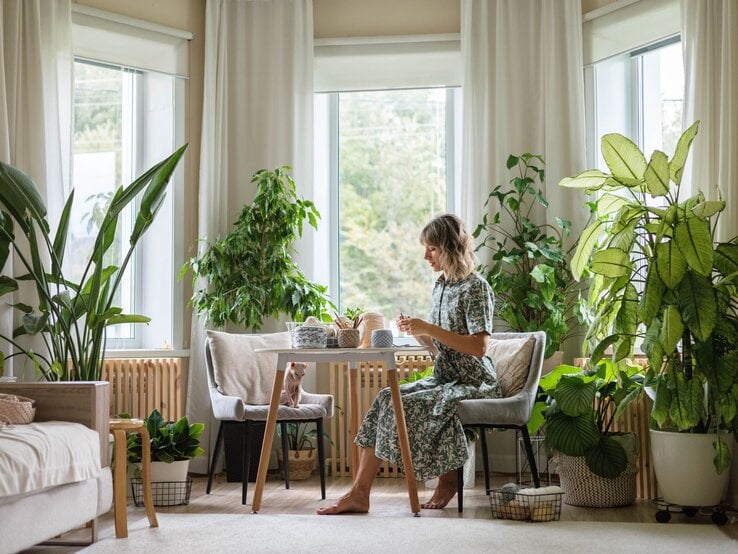 Eine Frau mit schulterlangem blondem Haar sitzt barfuß an einem Tisch in einem lichtdurchfluteten Raum mit großen, grünen Zimmerpflanzen. | © Shutterstock/Kostikova Natalia