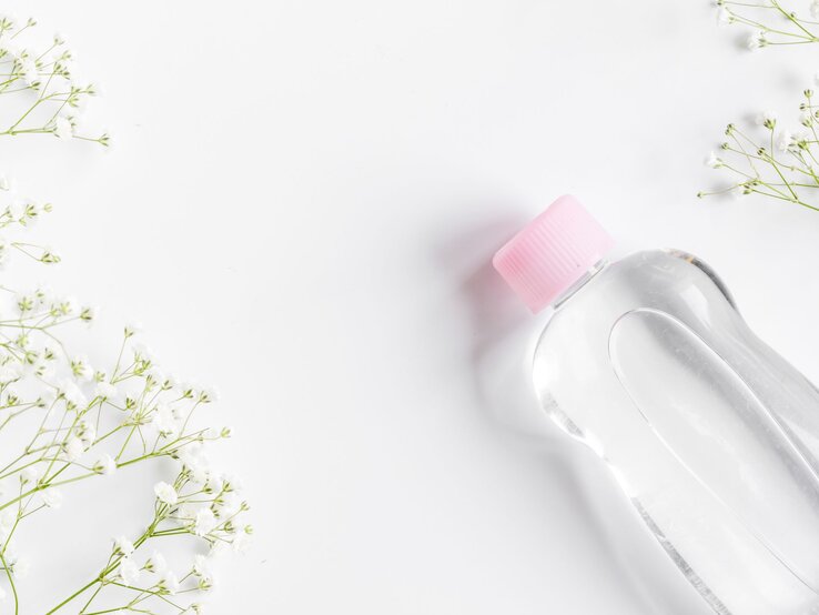 Eine transparente Flasche mit rosa Schraubverschluss liegt auf weißem Untergrund, umgeben von filigranen weißen Blüten.