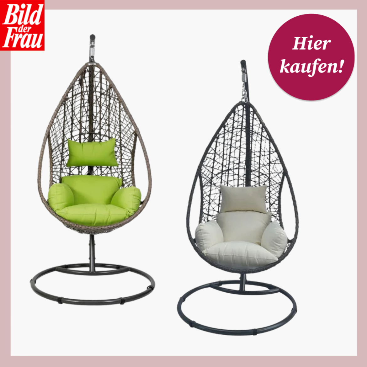 Zwei Hängesessel mit geflochtenem Gestell und gemütlichen Kissen in Grün und Beige stehen nebeneinander auf weißem Hintergrund. | © Lidl 