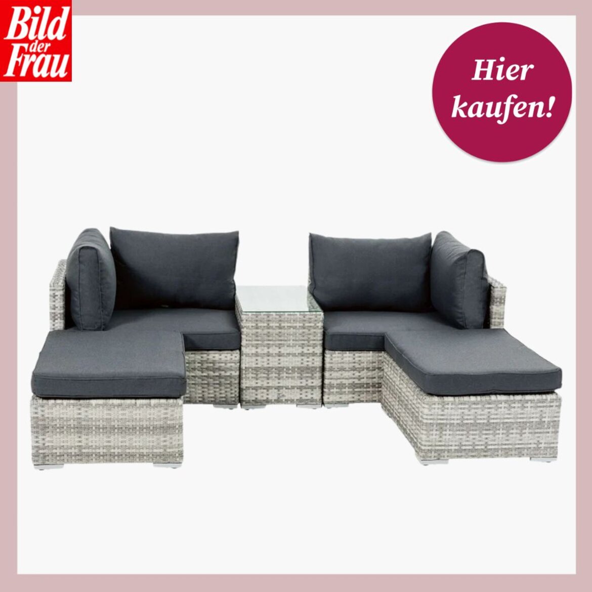 Moderne Gartensitzgruppe aus grauem Polyrattan mit dunklen Polstern und Glastisch, ideal für Terrasse oder Balkon | © Lidl 