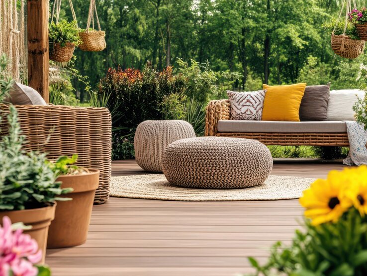 Eine gemütliche Gartenterrasse mit Rattanmöbeln, bunten Kissen, Strickhockern und Hängepflanzen vor grünem Baumbestand.