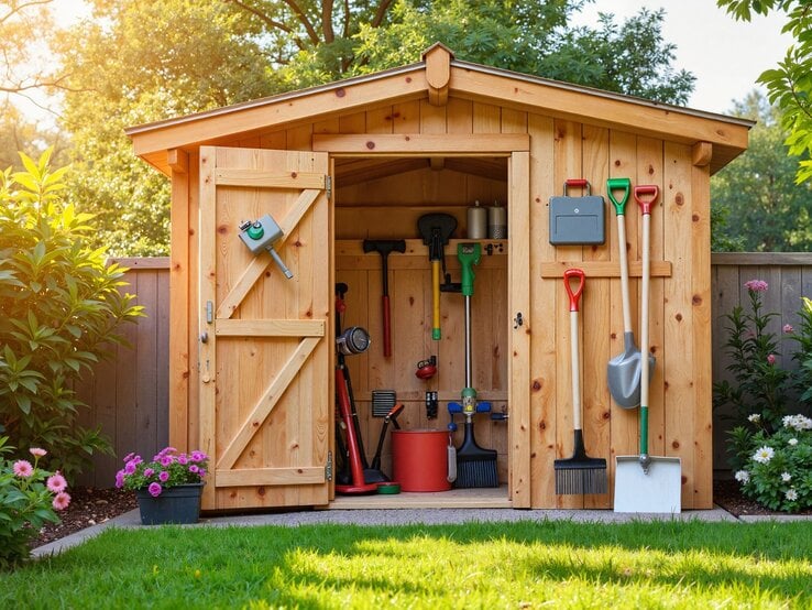 Ein hölzernes Gartenhaus mit geöffneter Tür, gefüllt mit Werkzeugen, Schaufeln und Rechen, umgeben von grünen Pflanzen und bunten Blumen.