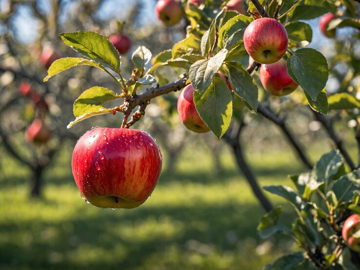 Ein roter Apfel mit Wassertropfen hängt an einem Zweig im Sonnenlicht, umgeben von grünen Blättern und weiteren Äpfeln im Hintergrund.