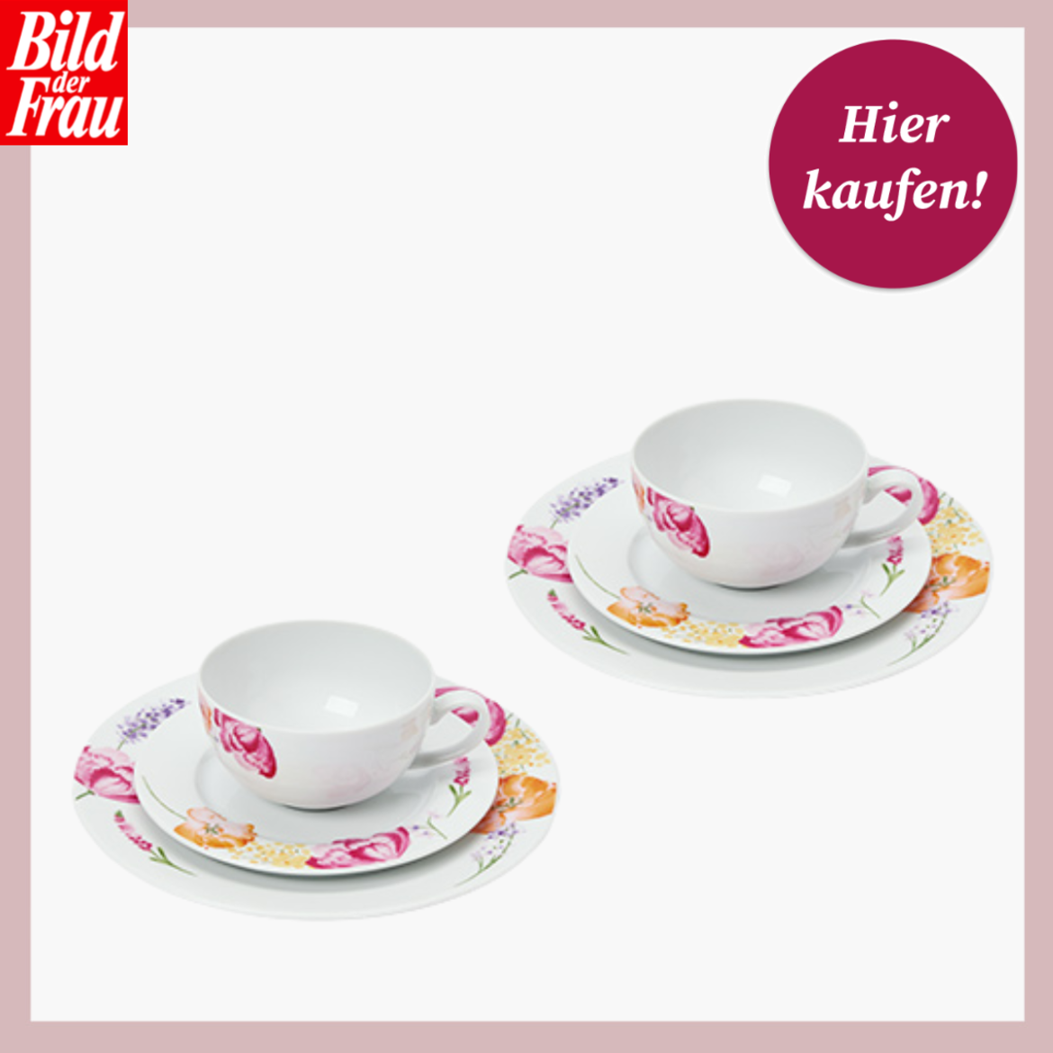 Zweiteiliges Geschirrset mit floralem Muster in Rosa, Lila und Orange, bestehend aus Tasse, Untertasse und Teller. | © Tchibo 