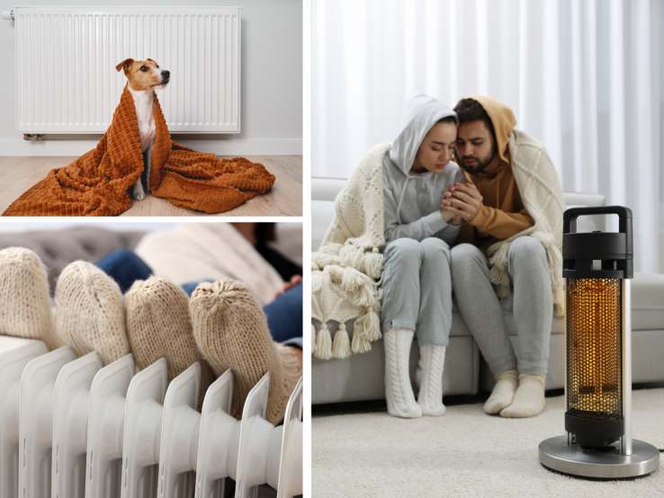 Collage wann Heizung im Herbst an Junge Frau und Mann sitzen in Wollsocken und Decken gehüllt vor Heizstrahler, Hände wärmend, daneben Hund in Decke vorm Radiator.