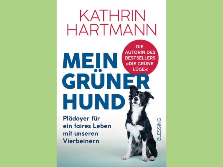 Cover des Buches "Mein grüner Hund" von Kathrin Hartmann. Es zeigt einen schwarz-weißen Border Collie, der direkt in die Kamera blickt. | © Blessing-Verlag