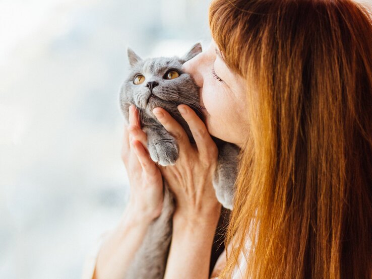 Eine Frau mit langen roten Haaren hält eine graue Katze liebevoll in beiden Händen und küsst sie vor einem hellen Hintergrund.