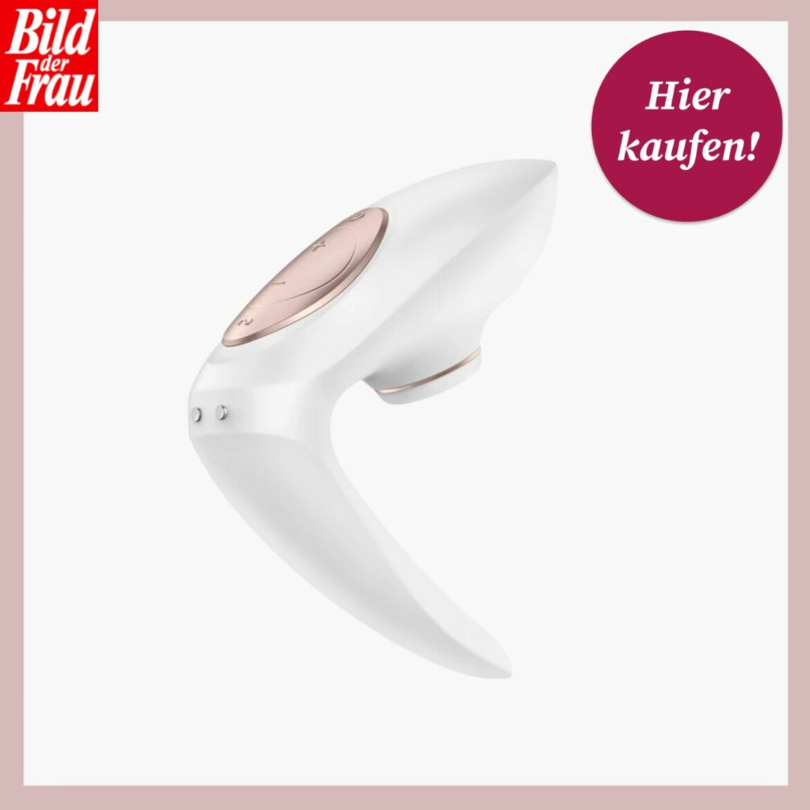 Ein eleganter weißer Vibrator mit roségoldenem Knopf, dargestellt vor einem grauen Hintergrund mit "Hier kaufen!"-Button. | © Amorelie