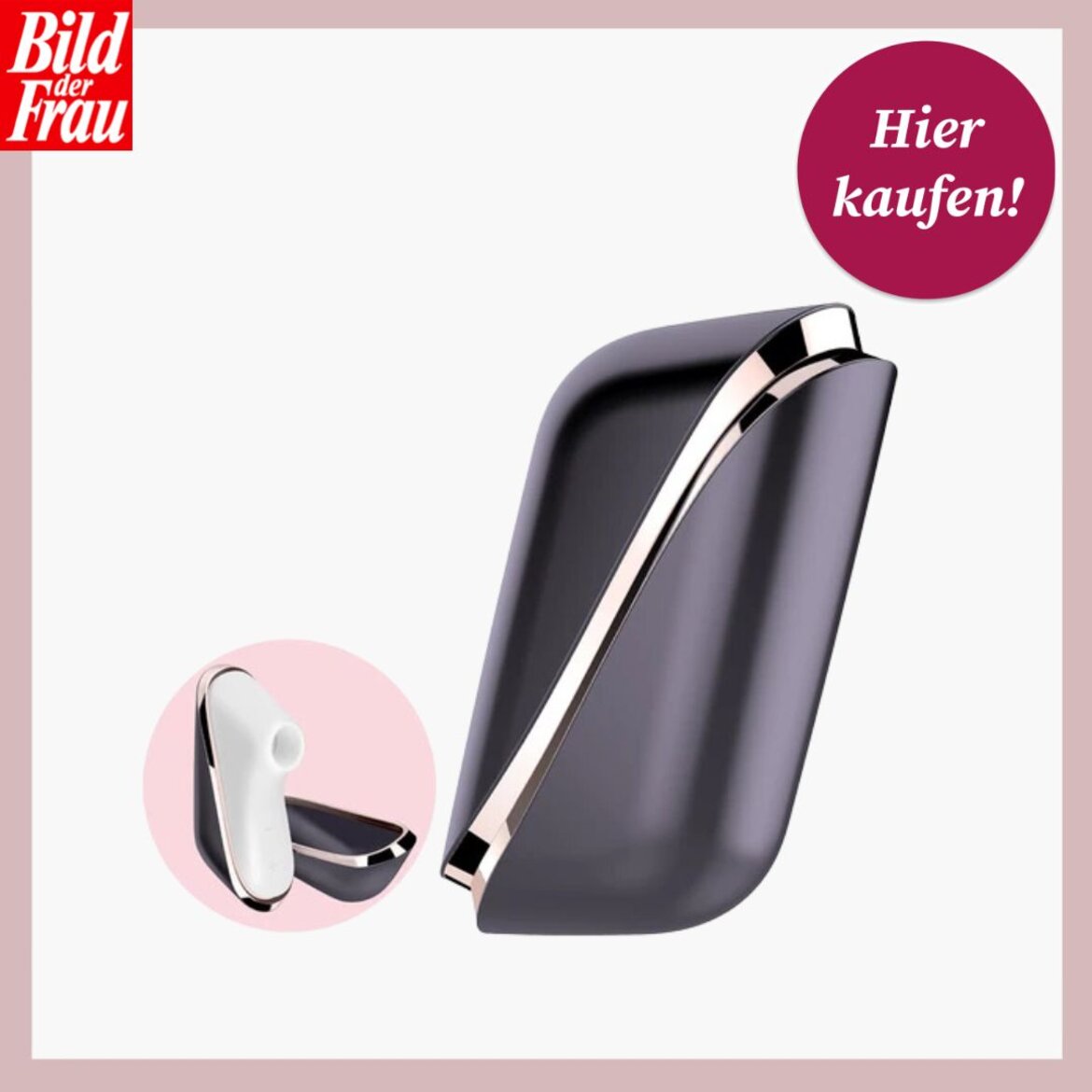 Moderner, eleganter Reise-Satisfyer in Schwarz mit goldenen Akzenten und einem kleineren weißen Aufsatz, beworben von "Bild der Frau" | © Amorelie