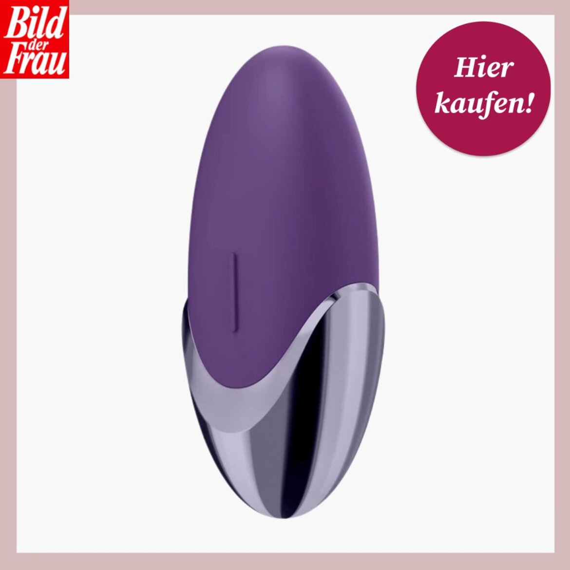 Lila, ovales Auflegevibrator mit metallischem unteren Teil, beworben von "Bild der Frau" mit "Hier kaufen!"-Button. | © Amorelie