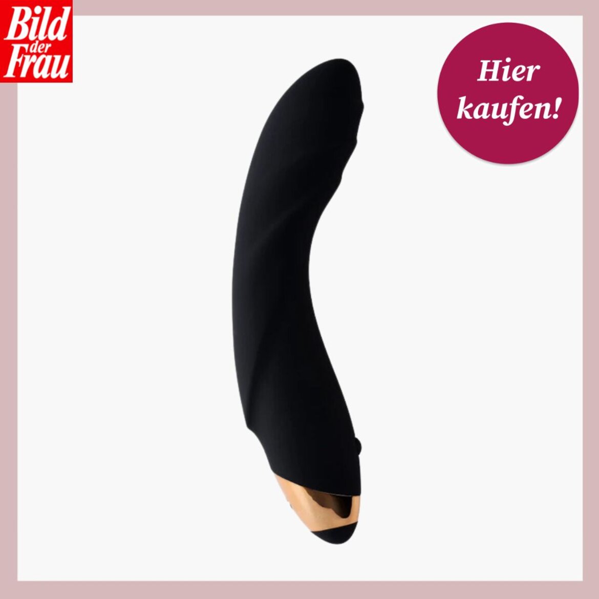 Schwarzer, leicht gebogener Vibrator mit goldenem Endstück vor weißem Hintergrund, links das "Bild der Frau"-Logo und rechts ein "Hier kaufen!"-Button. | © Amorelie