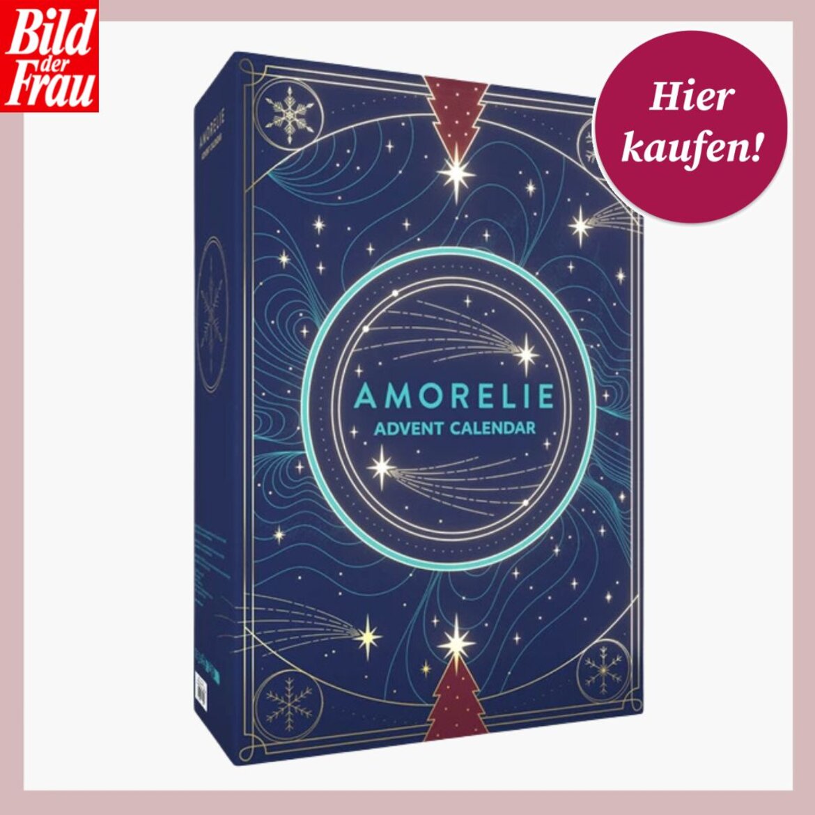 Dunkelblauer Amorelie-Adventskalender mit goldenen Sternen und Schneeflocken vor rotem "Hier kaufen!"-Button | © Amorelie