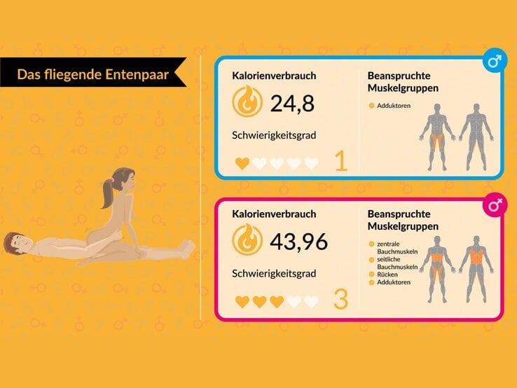 Illustration eines Paares in einer sportlichen Pose, begleitet von Kalorienverbrauchsdaten und beanspruchten Muskelgruppen auf gelbem Hintergrund. | © www.meinefitness.net