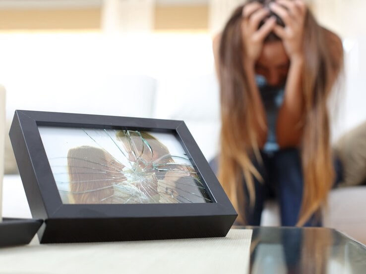 Ein zerbrochener Bilderrahmen mit einem Foto eines glücklichen Paares liegt auf einem Tisch, im Hintergrund eine verzweifelte Frau.