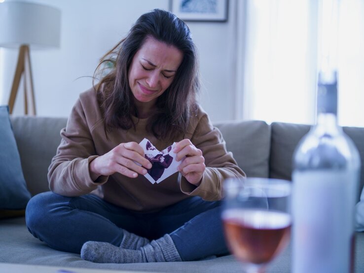 Eine junge Frau mit braunen Haaren sitzt weinend auf dem Sofa und zerreißt ein Foto, vor ihr eine geöffnete Weinflasche und ein Glas.