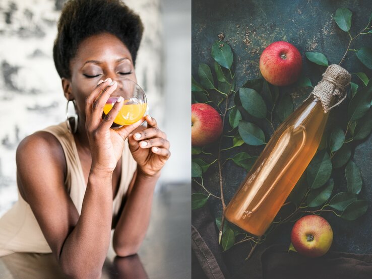  Collage, die zwei verschiedene Szenen zeigt:  Links ist eine Frau zu sehen, die einen orangenen Saft trinkt. Sie hat kurzes, lockiges Haar und trägt Ohrringe. Ihre Augen sind geschlossen, während sie den Saft genießt. Rechts ist eine Flasche mit Apfelessig abgebildet, die auf einem dunklen Hintergrund liegt. Um die Flasche herum sind grüne Blätter und rote Äpfel verteilt.