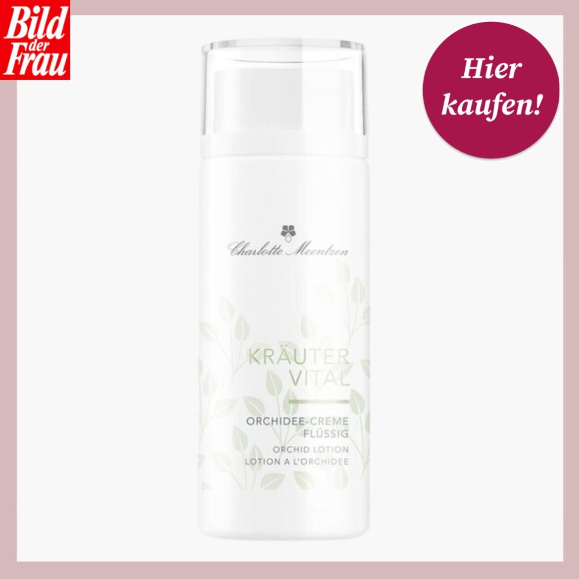 Kräuter Vital Orchideen-Creme Flüssig in einer schlichten weißen Flasche von Charlotte Meentzen, beworben durch Bild der Frau. | © Douglas