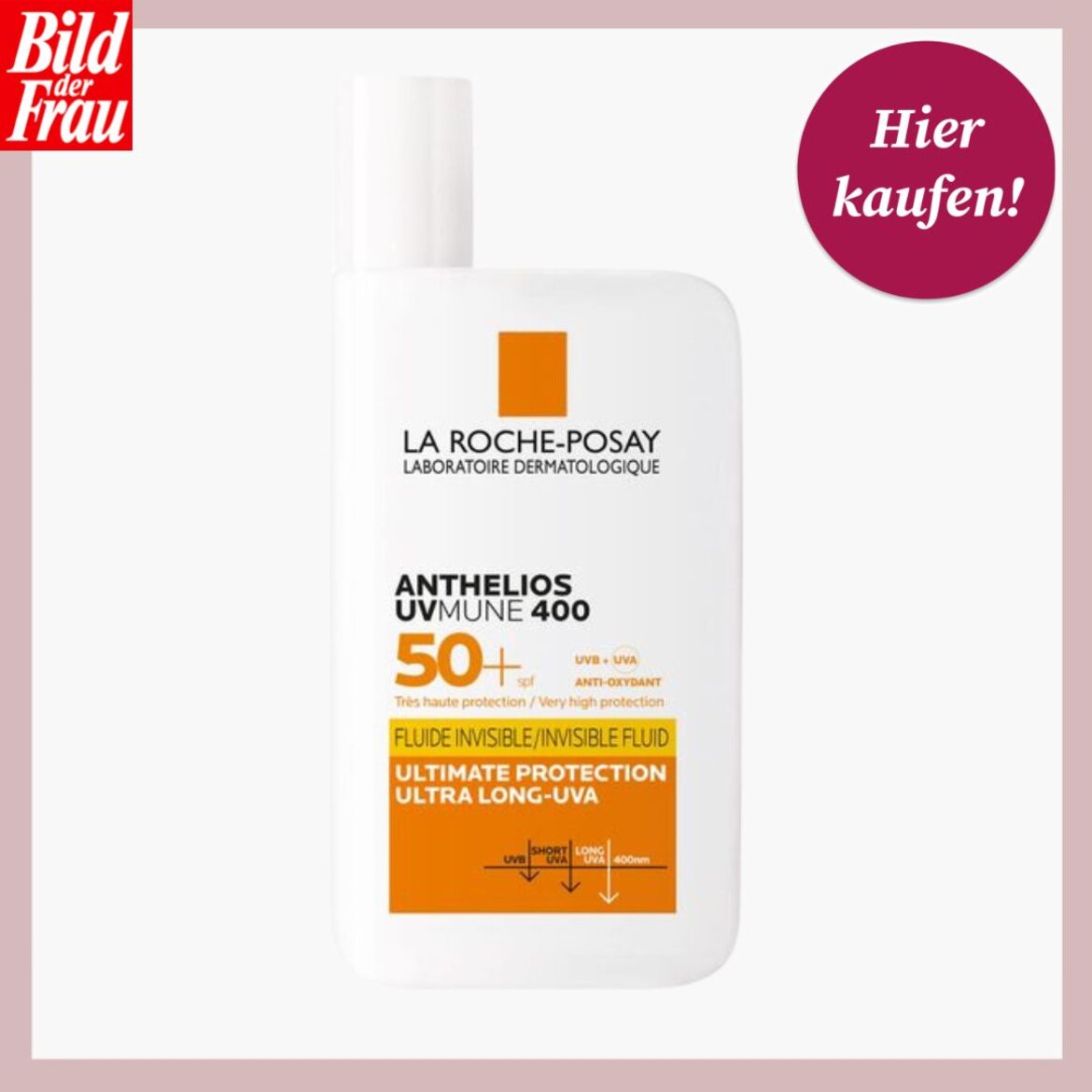 La Roche-Posay Anthelios Sonnencreme SPF 50+ in weißer Flasche mit orangefarbenem Logo und pinkem "Hier kaufen!"-Button. | © Douglas