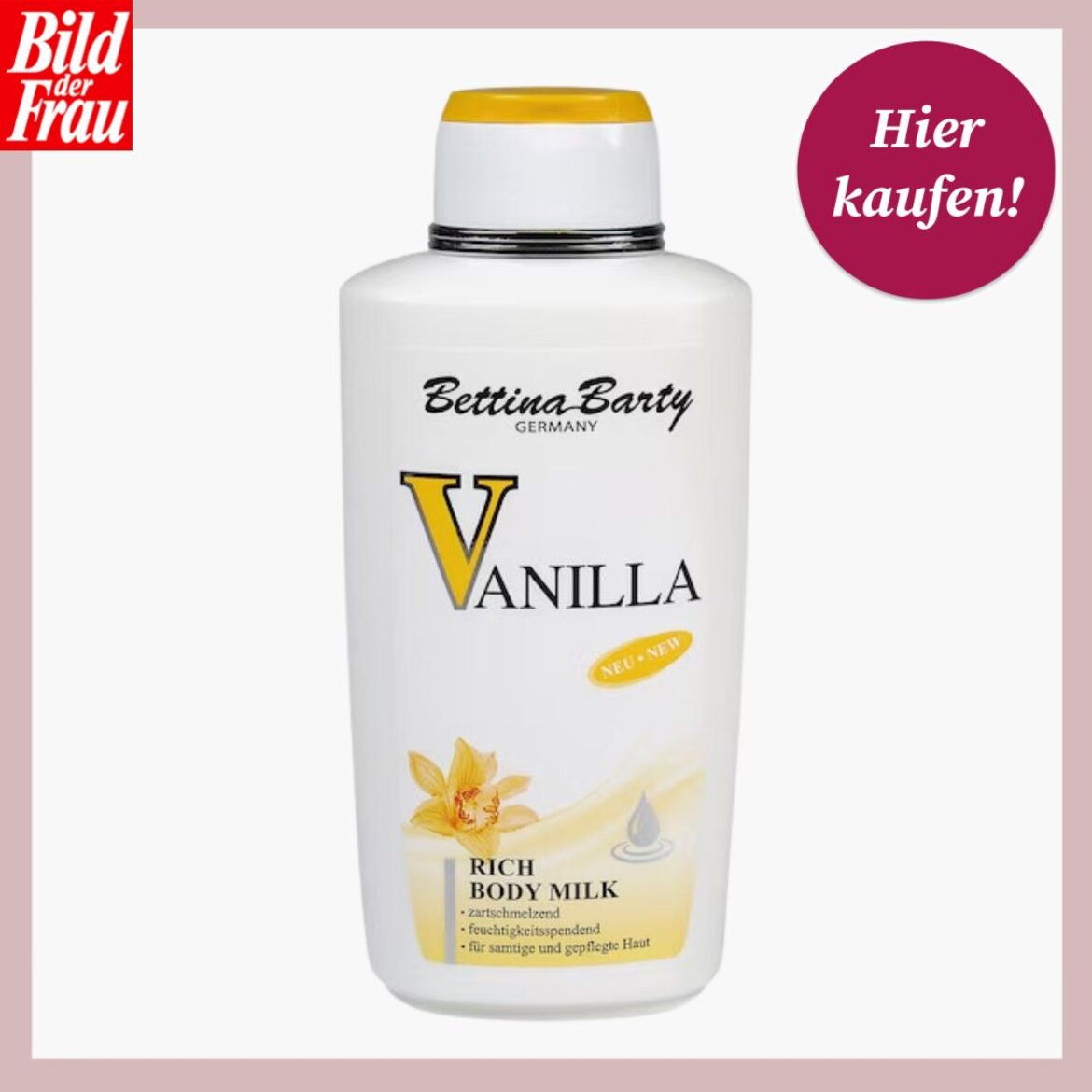 Weiße Flasche Vanilla Body Milk von Bettina Barty mit gelbem Akzent, "Hier kaufen!"-Button und Bild der Frau-Logo. | © Douglas