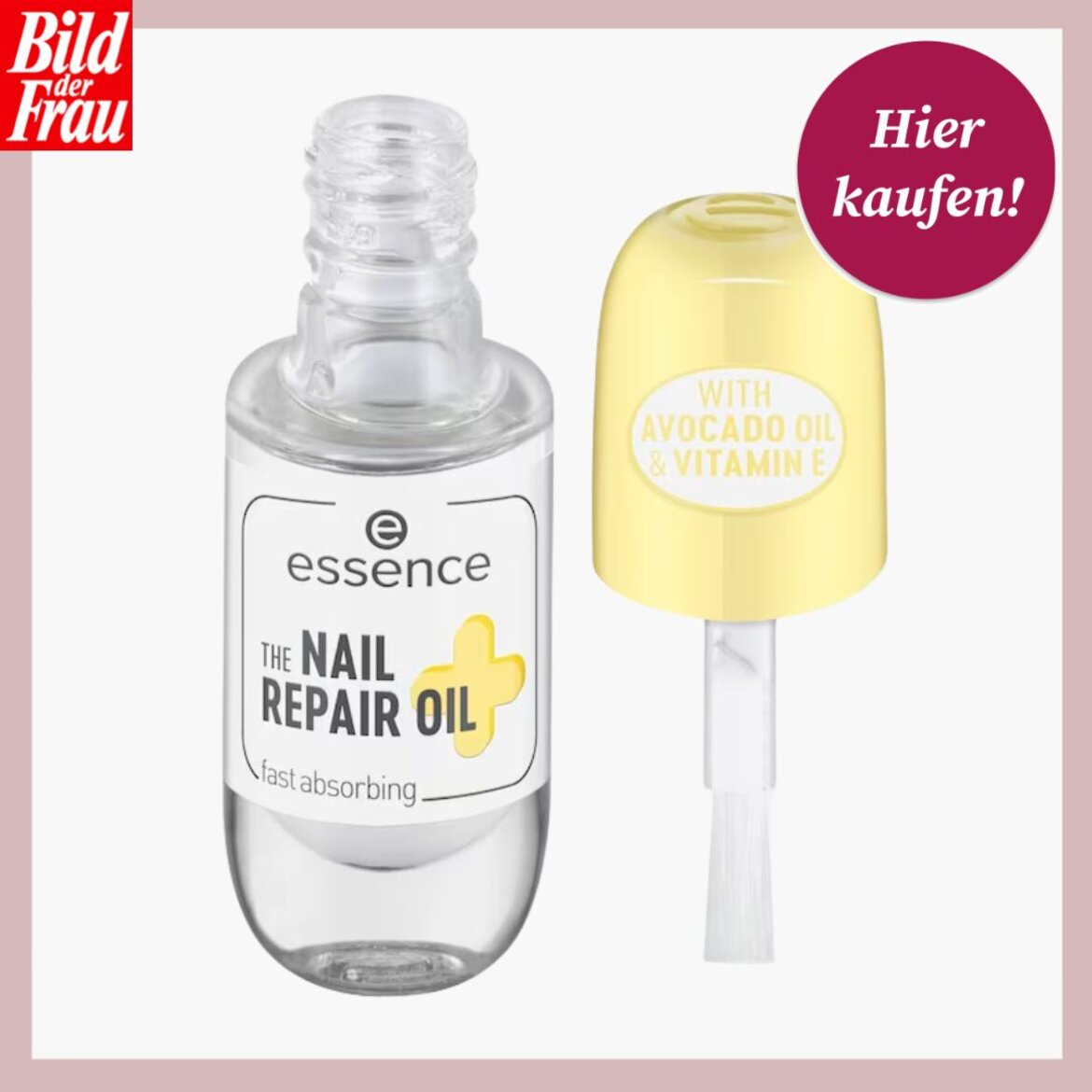 Essence Nail Repair Oil in transparenter Flasche mit gelbem Deckel, angereichert mit Avocadoöl und Vitamin E. | © Douglas