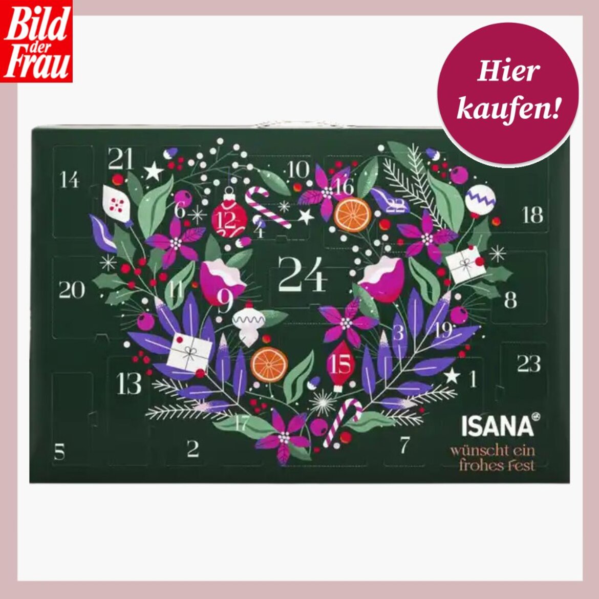 Dunkelgrüner Adventskalender von ISANA mit floralen und weihnachtlichen Motiven, umrahmt von einem „Hier kaufen“-Button. | © Rossmann