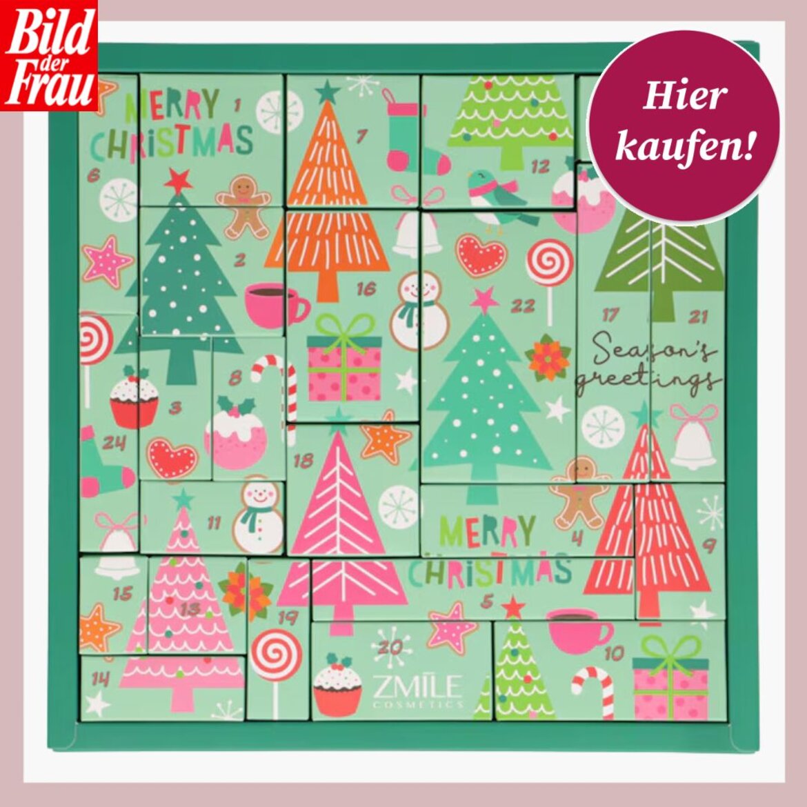 Bunter Adventskalender von Zmile Cosmetics mit Weihnachtsbäumen, Geschenken und Lebkuchenfiguren auf grünem Hintergrund, „Hier kaufen“-Button. | © Douglas