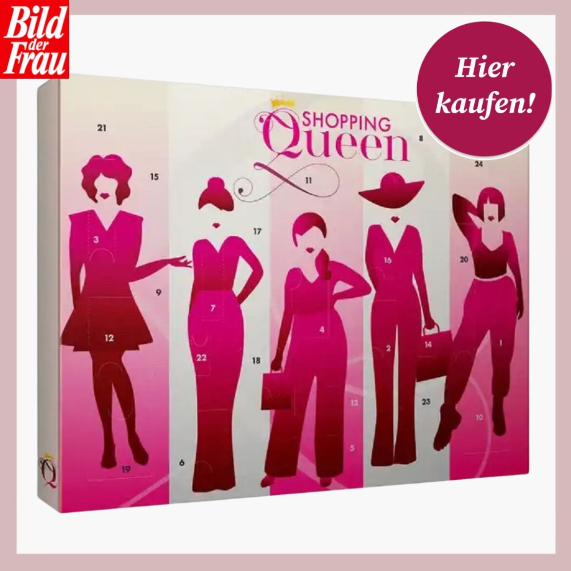 Adventskalender im Shopping Queen Design mit fünf rosa Silhouetten von modebewussten Frauen, begleitet von einer Kaufempfehlung. | © Douglas